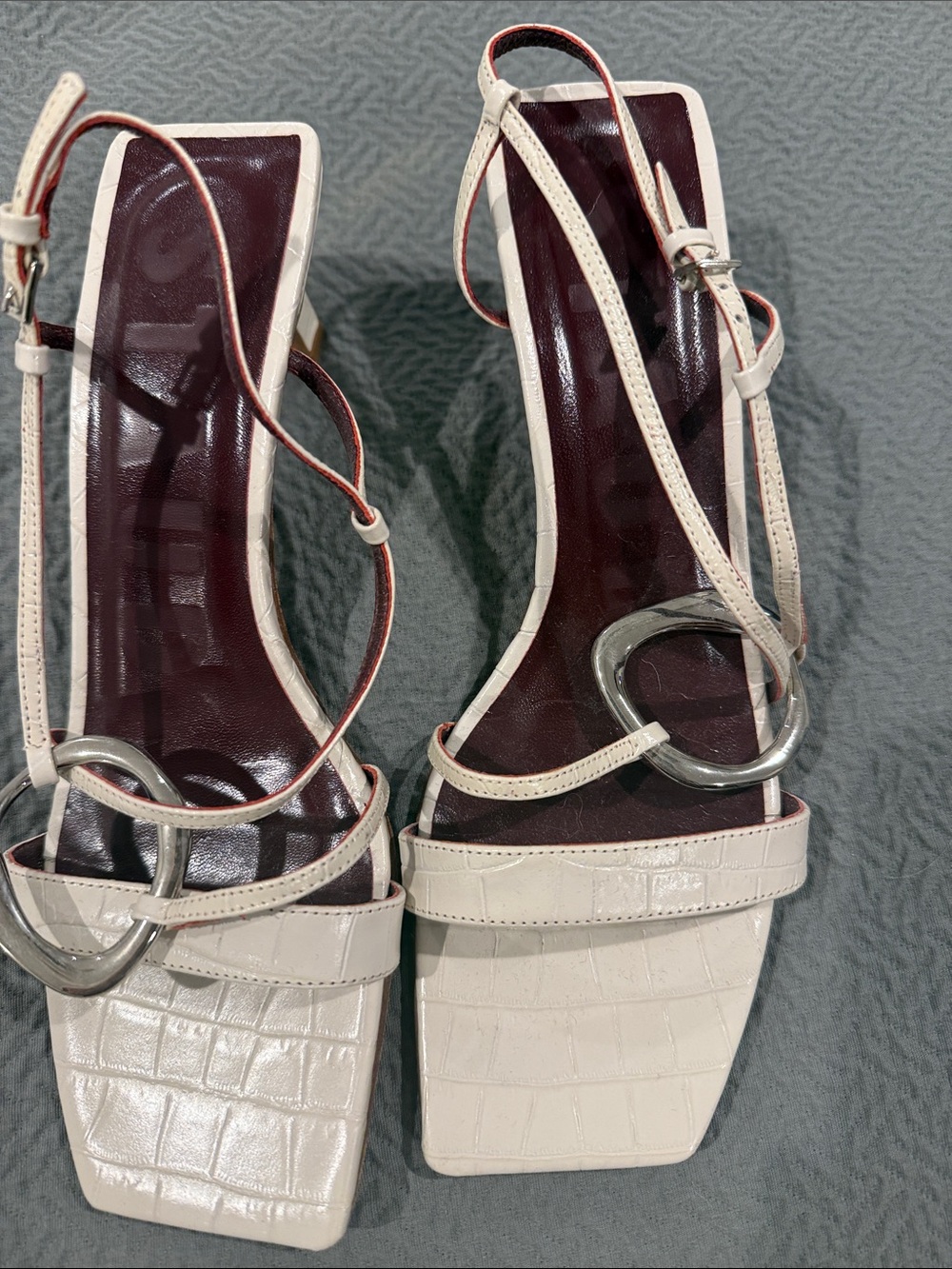 STAUD Cream Croc-Embossed Strappy Heels with Silver Rings